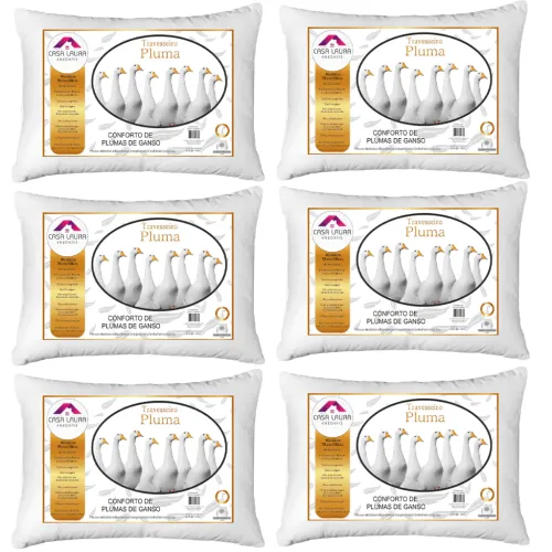 Kit 6 Travesseiro Pluma de Ganso Descanso Antiacaro 70x50cm Toque Macio