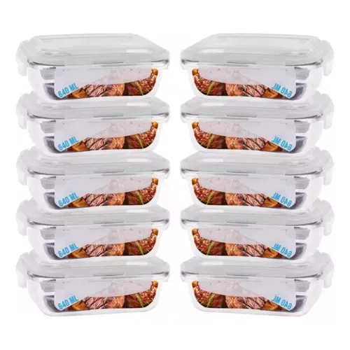 Conjunto 10 Potes 640ml Vidro Hermético 4 Travas Marmita