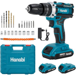 Parafusadeira Furadeira De Impacto Profissional Portátil 21v com 2 baterias 10mm Bivolt + Kit Brocas Sem fio Hanabi