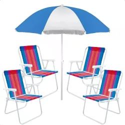 Kit 4 Cadeiras Aço Sortida + Guarda Sol Azul Verão Praia Mor