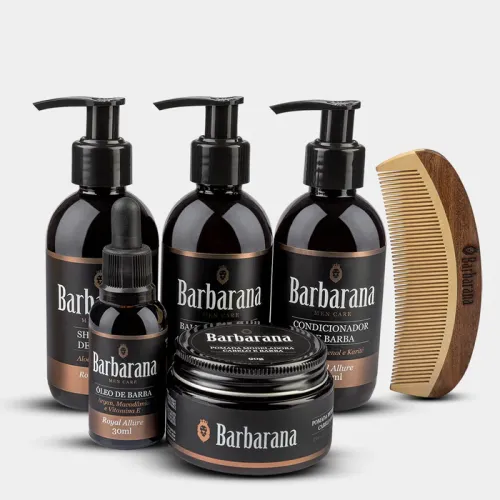 Kit Completo para Barba, Shampoo, Balm, Condicionador, Óleo, Pasta Modeladora e Pente Curvo de Madeira - Royal Allure